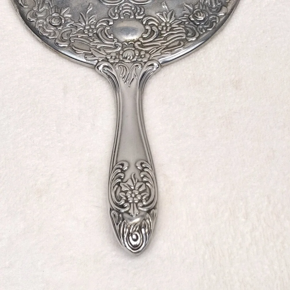 Ornate Silver-Tone Floral Metal Handheld Vanity Mirror Approx. 9 in